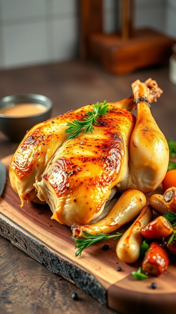 A crispy air fryer half chicken on a wooden board with herbs and roasted vegetables.